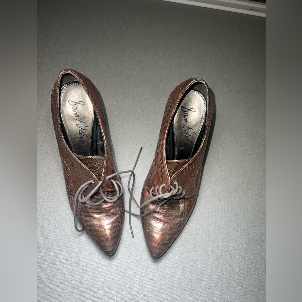 Sam Edelman leather snake skin style lace up heel.